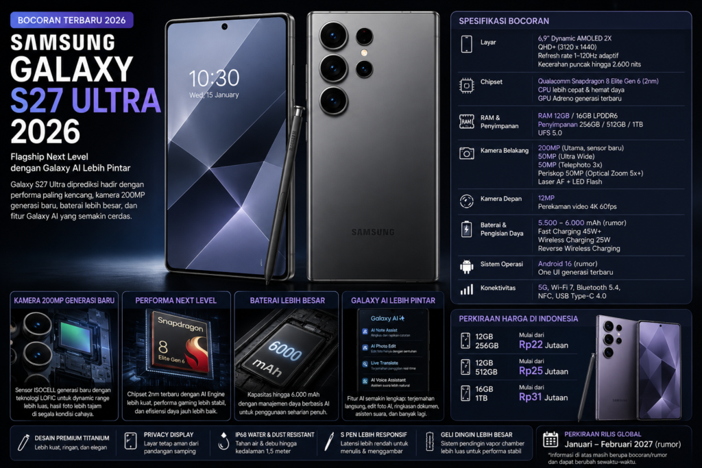 Bocoran Samsung Galaxy S27 Ultra 2026, Spesifikasi dan Perkiraan Harga Terbaru