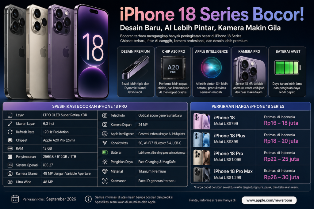 Bocoran iPhone 18 Series 2026: Desain Revolusioner, Fitur AI Makin Canggih, dan Prediksi Harga di Indonesia