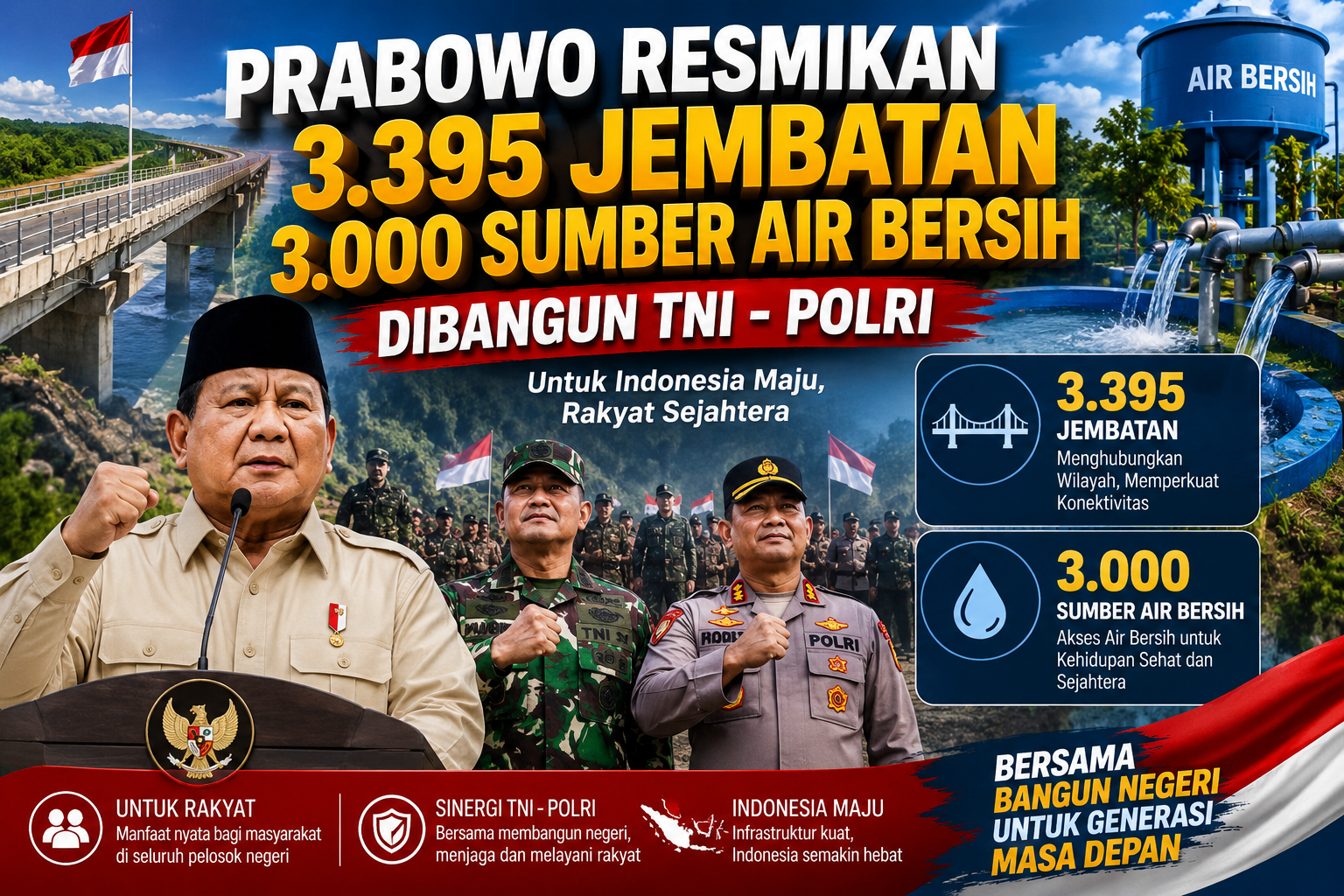 Prabowo Resmikan 3.395 Jembatan dan 3.000 Sumber Air Bersih yang Dibangun TNI-Polri